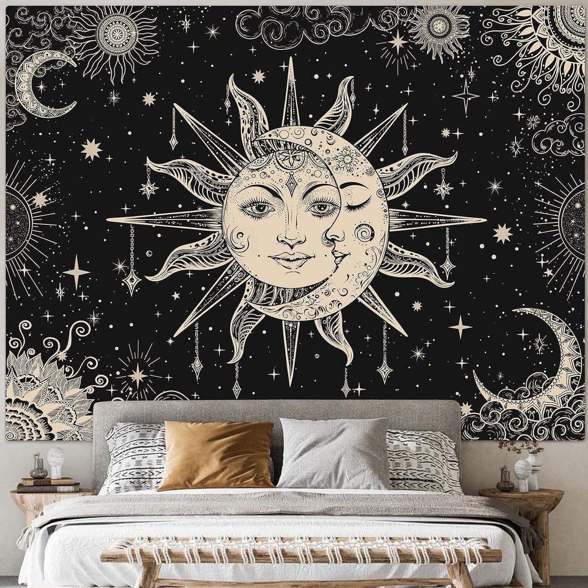 Lunerfex Sun and Moon Tapestry Mandala Wall Tapestry, Vintage Tapestries for Bedroom Ceiling