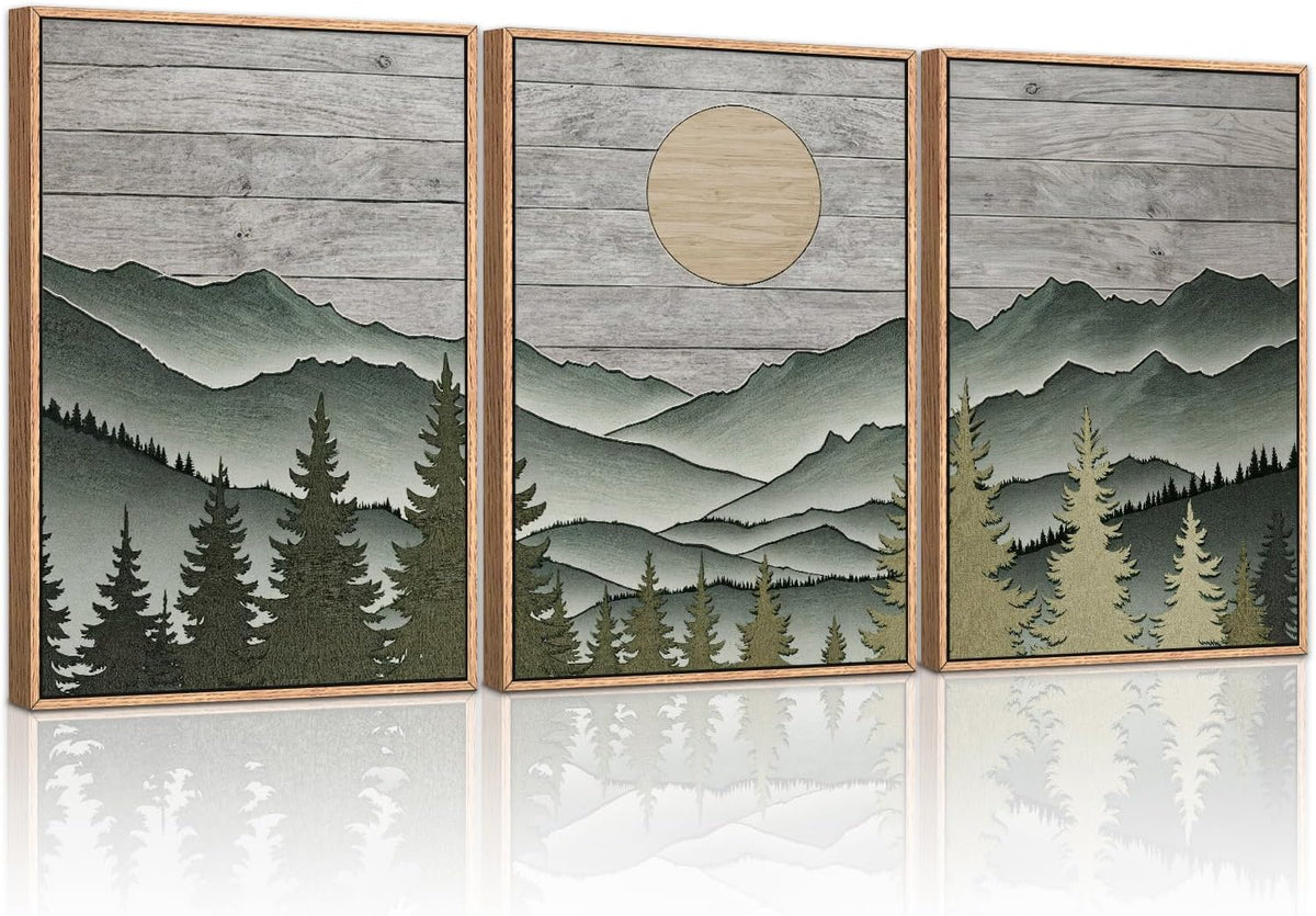 HLNIUC Mountain Framed Canvas Wall Art,Large Green Forest Woodcut Wall Decor Set of