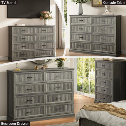 CARPETNAL Farmhouse 8 Drawer Dresser for Bedroom, 55 Inch Wide Modern Grey Dresser TV Stand with