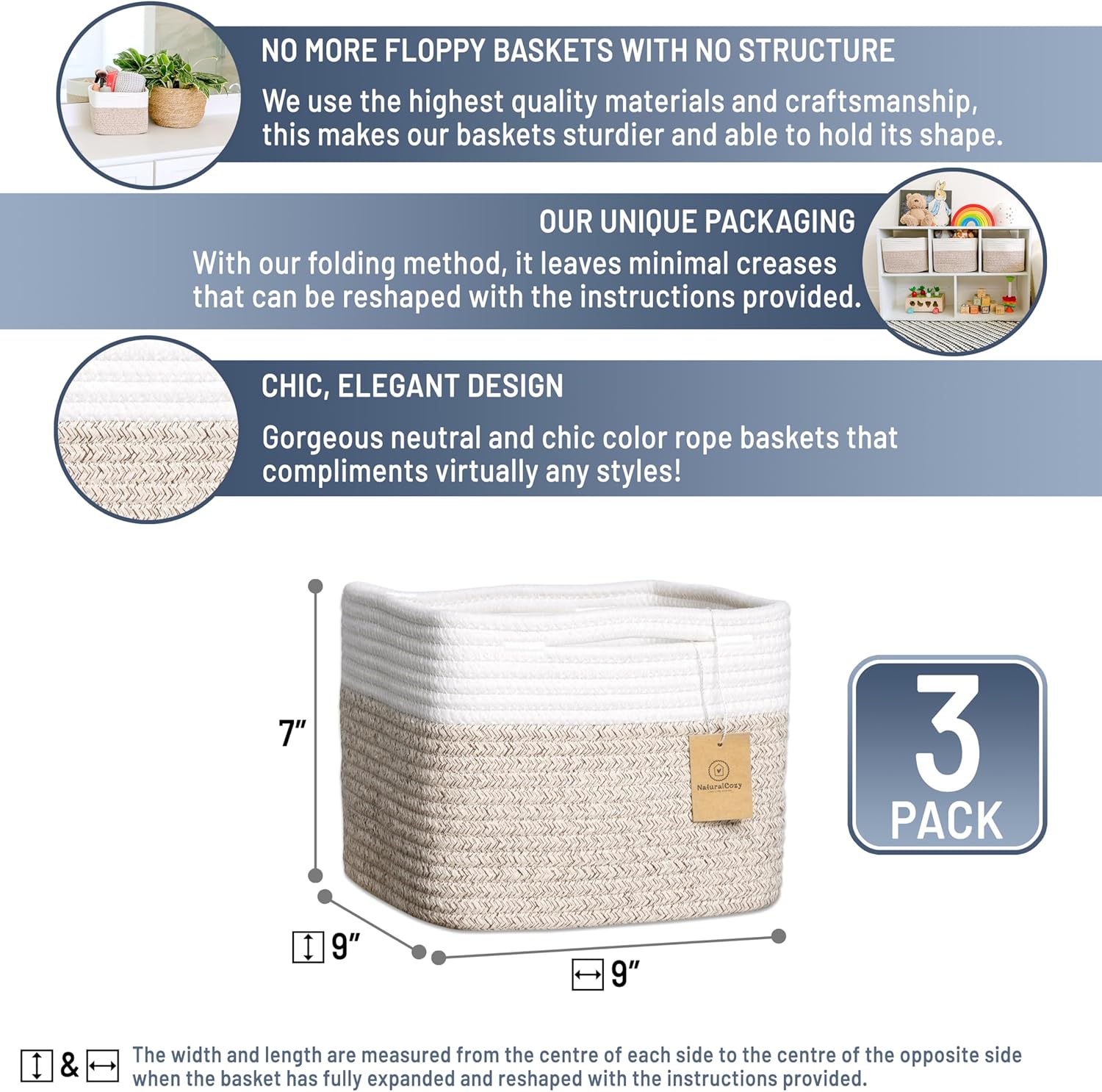 NaturalCozy Storage Cubes 9”x9”x7”Cotton Rope Woven Baskets for Organizing 3-Pack | 9 Inch Cube