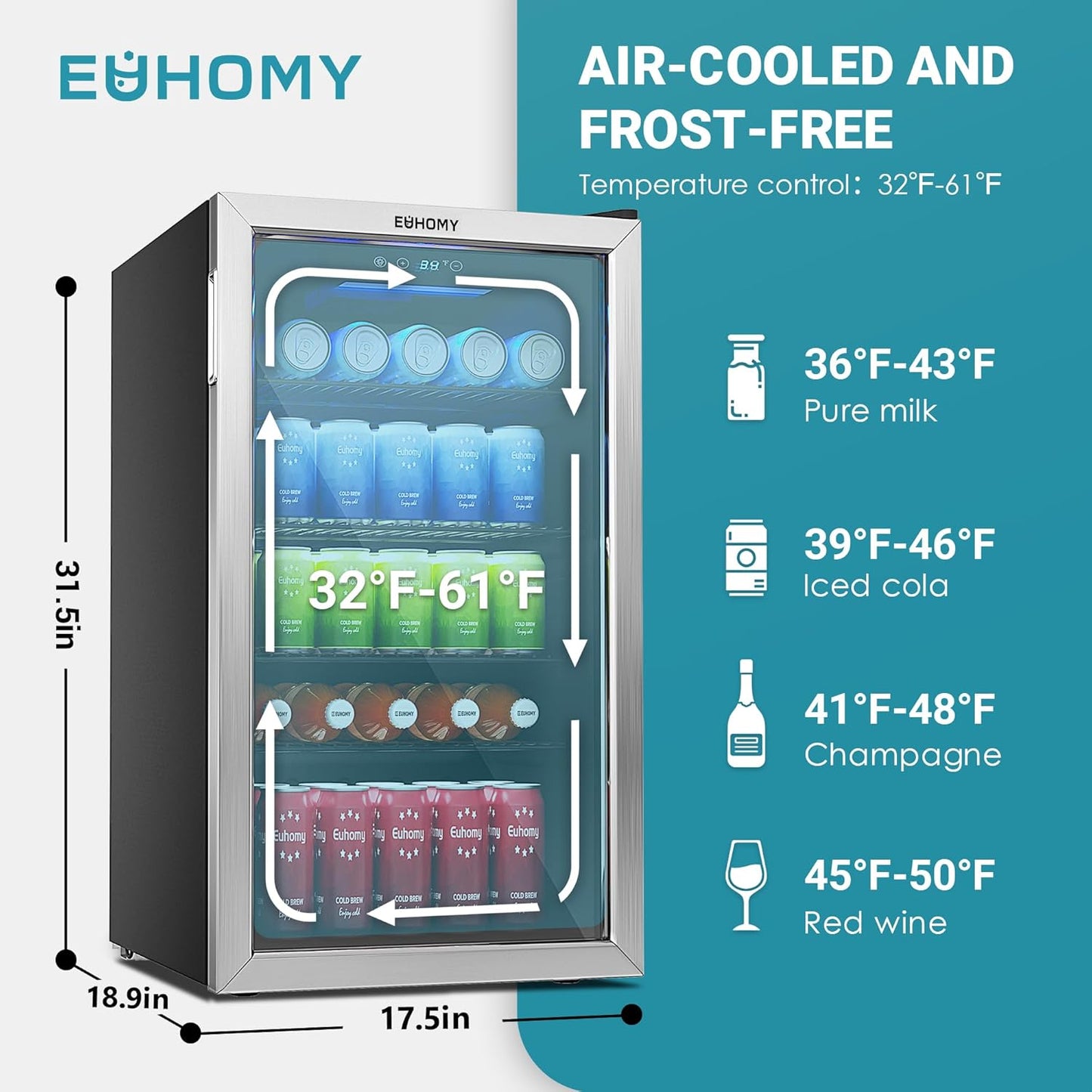 EUHOMY Beverage Refrigerator Cooler, 130 Can Mini Fridge with Glass Door for Soda Beer or Wine
