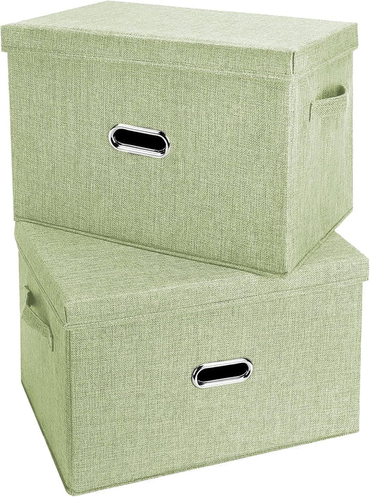 Large Linen Fabric Foldable Storage Bins with Removable Lid and Handles, Washable Storage Box