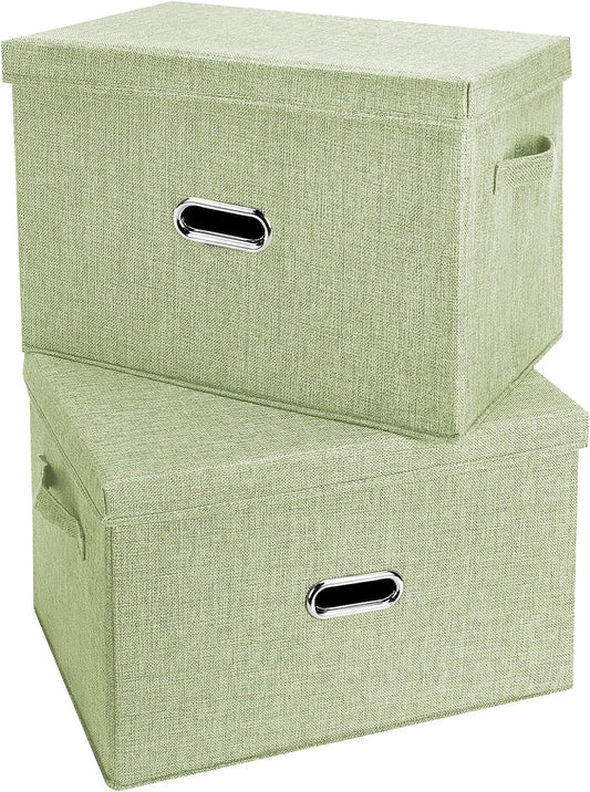 Large Linen Fabric Foldable Storage Bins with Removable Lid and Handles, Washable Storage Box