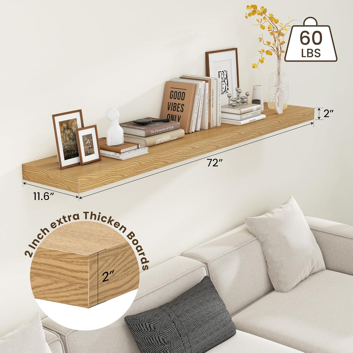 Deep Floating Shelves for Wall - 72 Inch Wide x 12 Inch Deep Wall Shelves Set of 1 - Rustic Oak