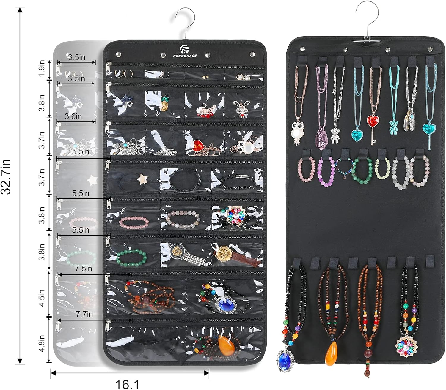 Freegrace Hanging Jewelry Organizer Revolving Hanger - Secure Zipper Closure - 25 Pockets,23 Hooks