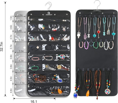Freegrace Hanging Jewelry Organizer Revolving Hanger - Secure Zipper Closure - 25 Pockets,23 Hooks