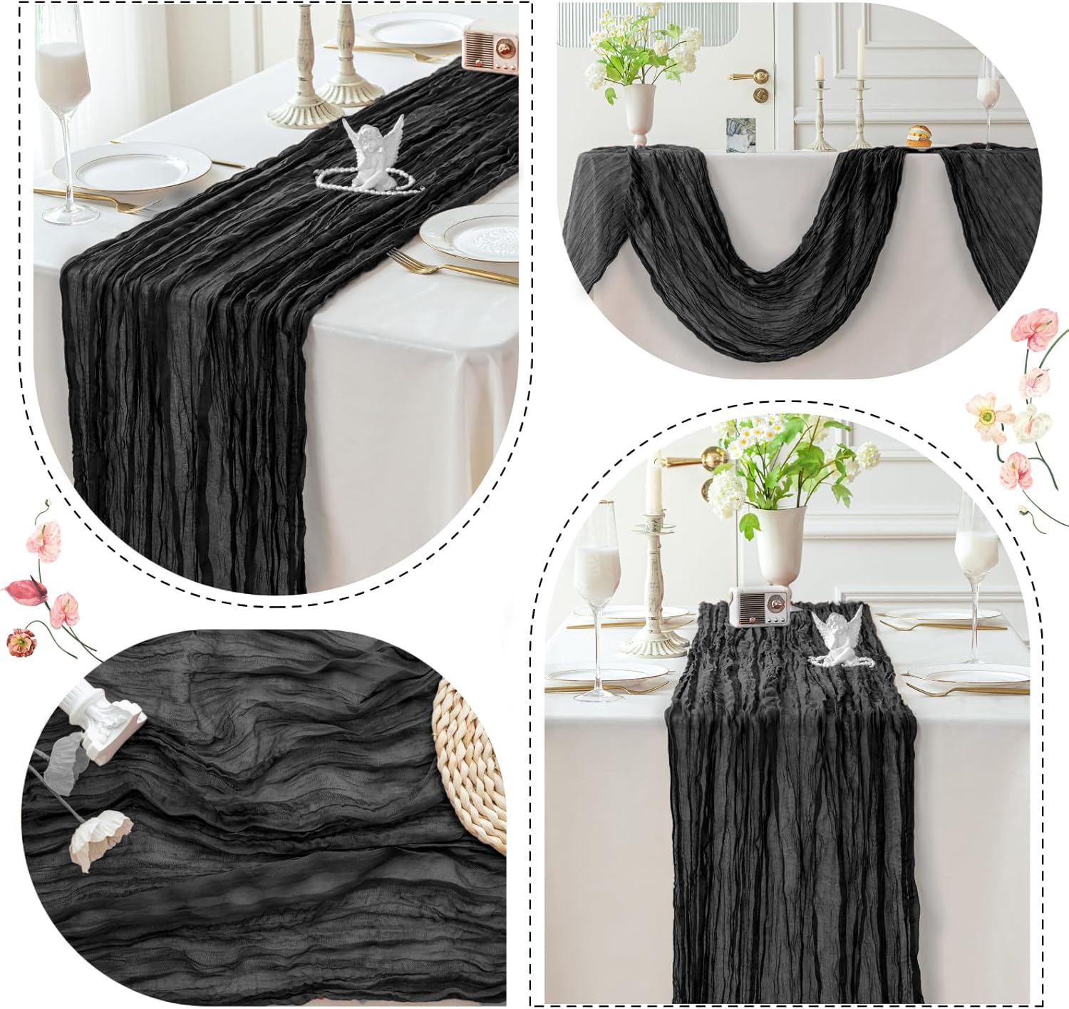 Sioloc Black Cheesecloth Table Runner Fall Autumn Decor for Home 10ft Table Cloth for Wedding