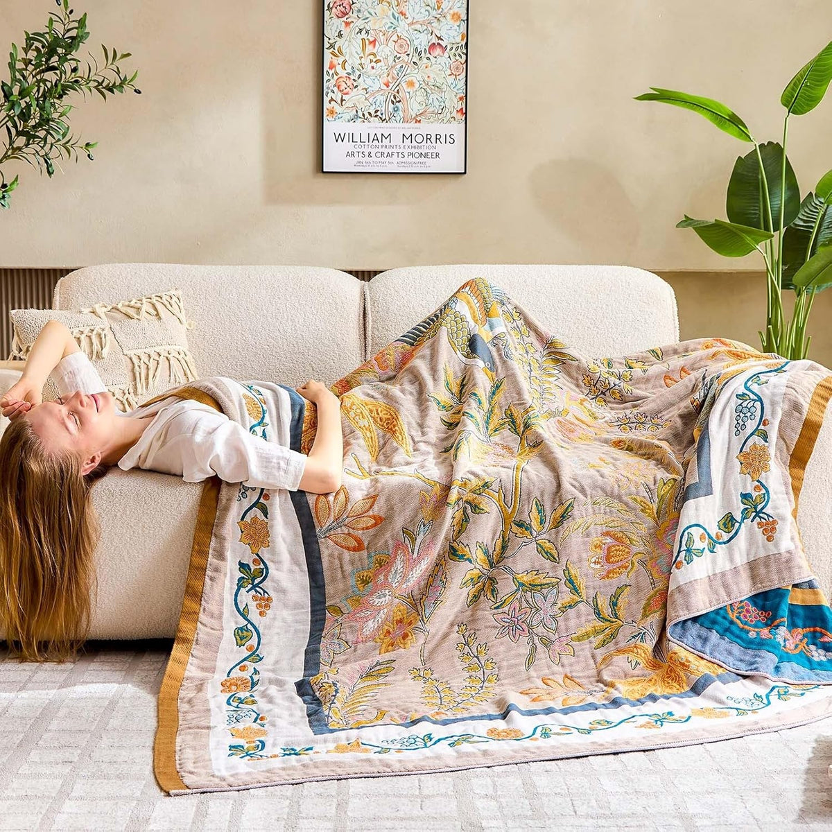Boho Blanket, 100% Cotton Farmhouse Decorative Throw Blanket, 50"x60" Reversible Bohemian Throw