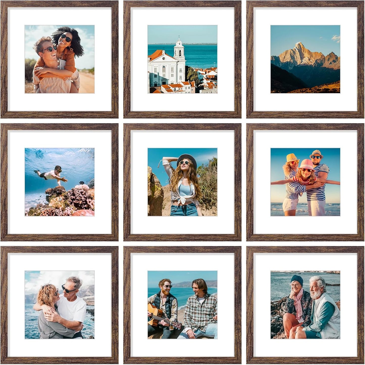 Vittanly 12x12 Picture Frames Set of 9, Shatter Resistant Plexiglass, Display 8x8 Pictures with Mat