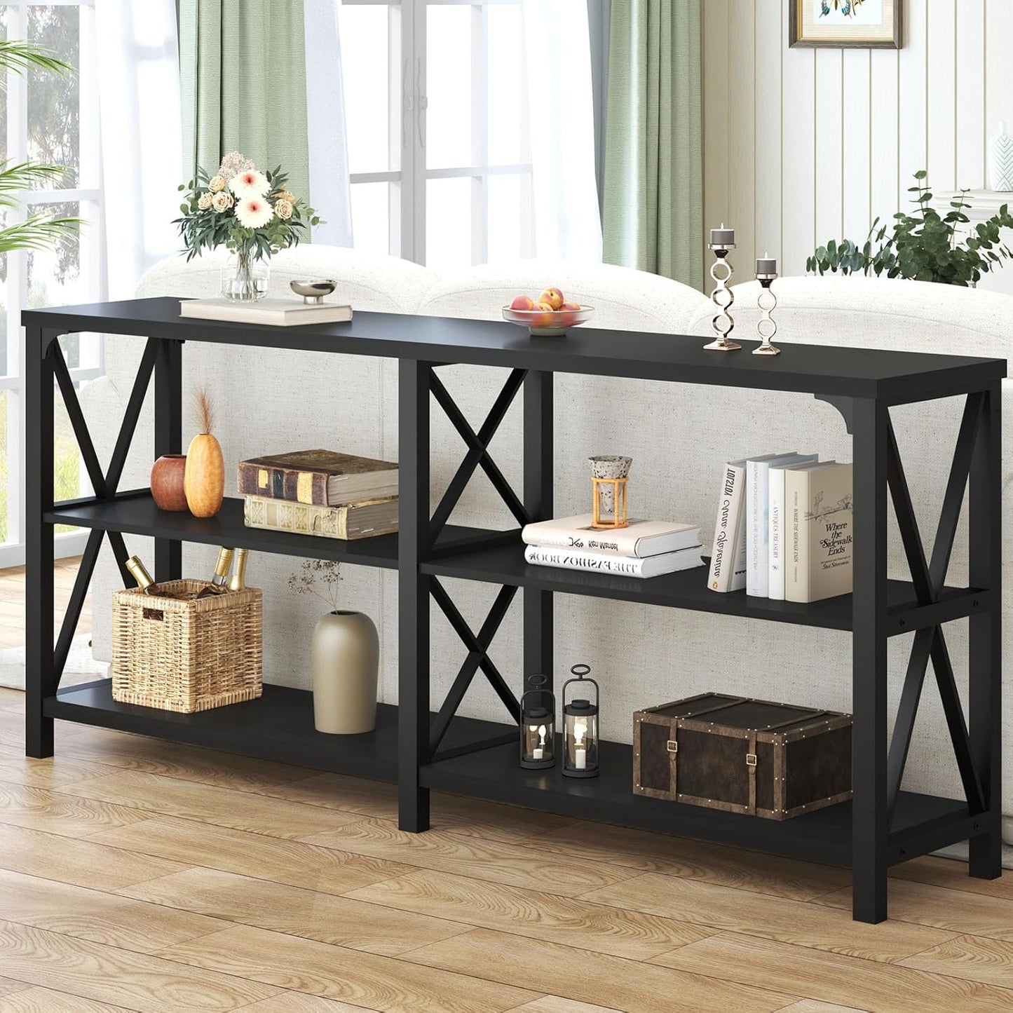 LVB Industrial Entryway Table, Farmhouse Rustic Console Tables Behind Couch, Long Metal Wooden Sofa