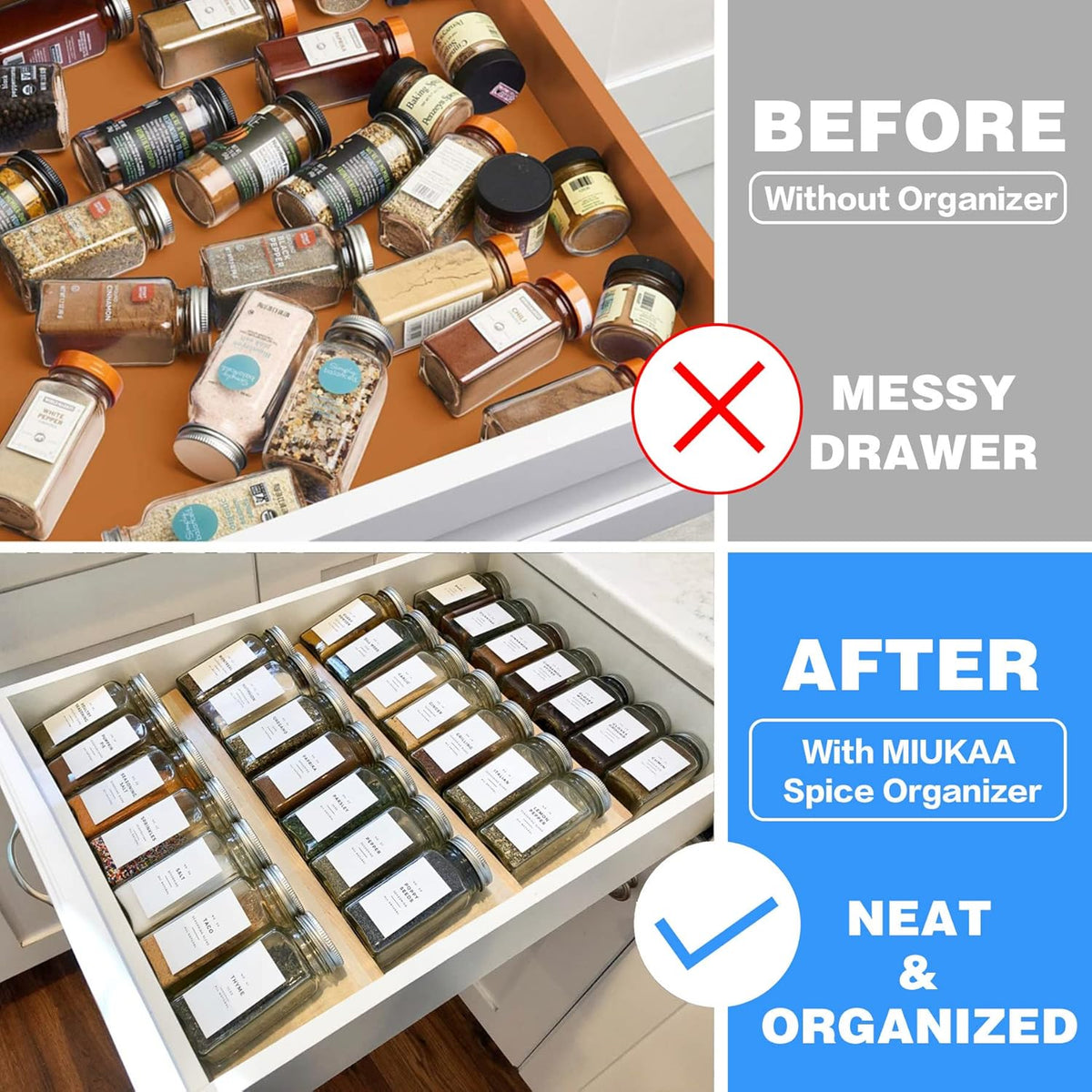 MIUKAA Clear Acrylic Spice Drawer Organizer, 4 Tier Seasoning Jars Drawers Insert, Kitchen Spice