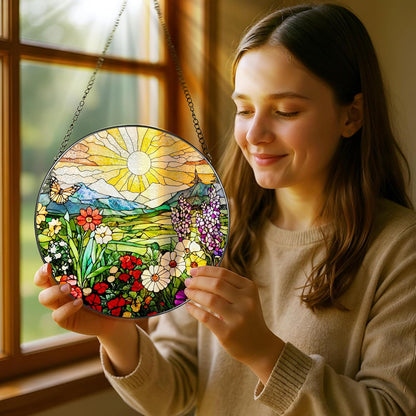 8 Inch Mountain Wildflowers Stained Glass Suncatcher, Suncatchers for Windows Hanging, Window