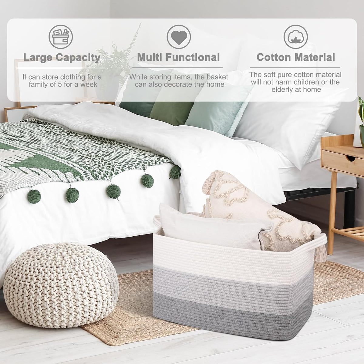 OIAHOMY Rectangle Woven Storage Basket - Nursery Cotton Rope Baskets for Storage, Toy Basket