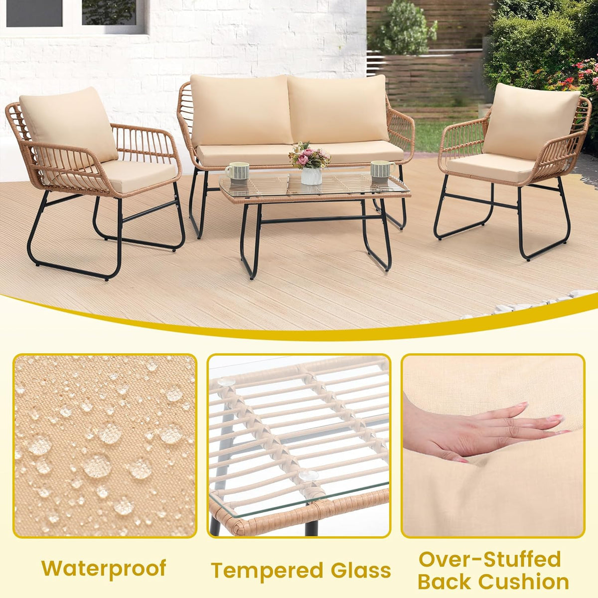 Kromax 4 Piece Patio Bistro Outdoor Furniture Set, Wicker Sofa, 2 Rattan Chairs, and Table