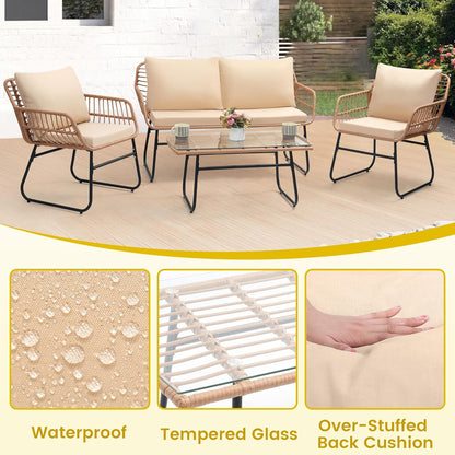 Kromax 4 Piece Patio Bistro Outdoor Furniture Set, Wicker Sofa, 2 Rattan Chairs, and Table