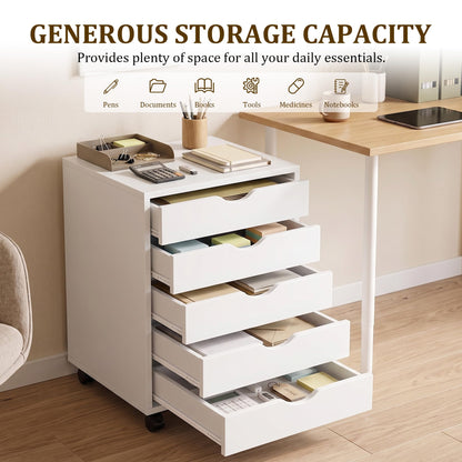 5 Drawer Rolling Storage Cabinet, Mobile File Cabinet for Office, White