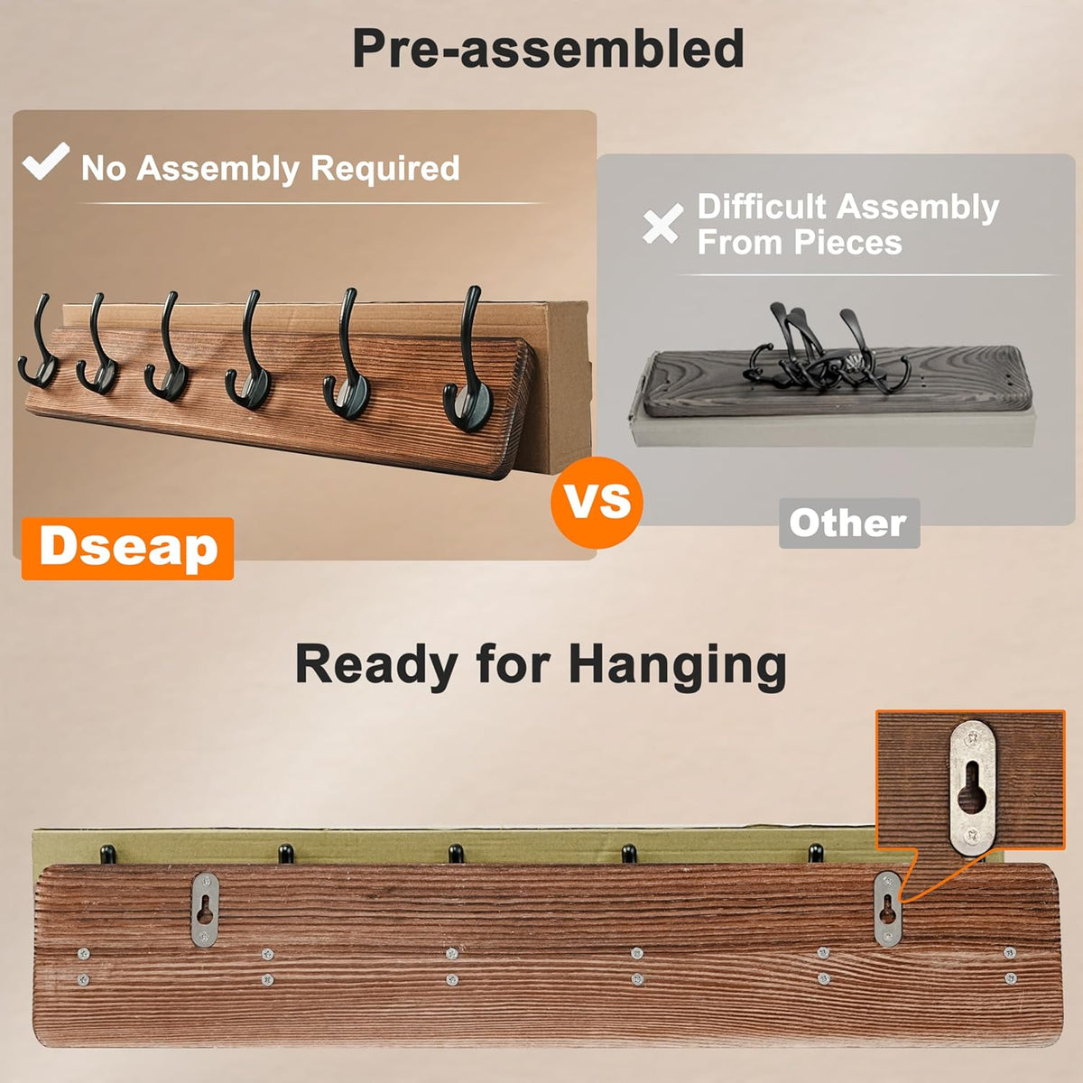 Dseap Coat Rack Wall: 24" Long, Patented, Heavy-Duty, 6-Double-Hooks Wooden Wall Mounted Coat Rack