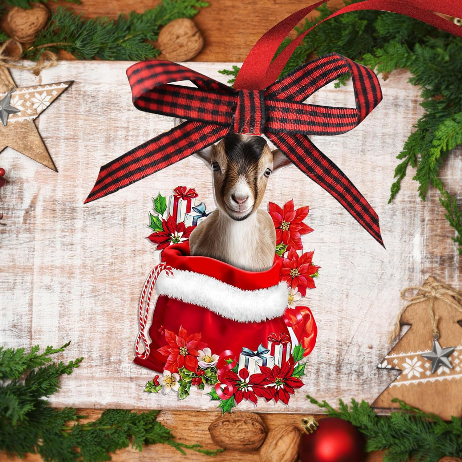 Talataca Goat 2D Flat Wooden Christmas Ornament, Goat Farm Animal in Red Santa Gift Bag Pine Tree