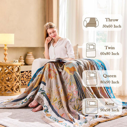 Boho Blanket, 100% Cotton Farmhouse Decorative Throw Blanket, 80"x90" Reversible Bohemian Throw
