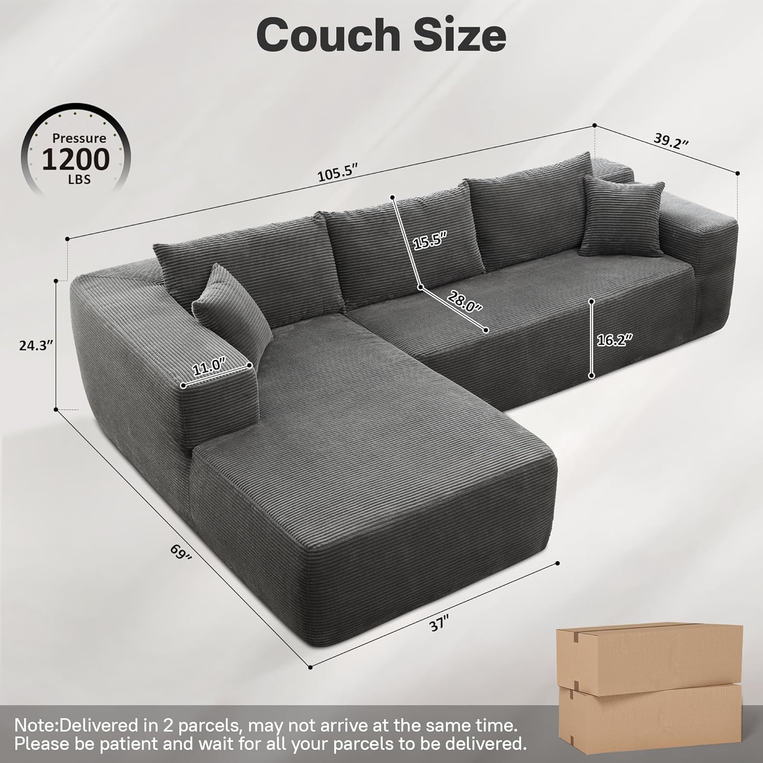 104" Cloud Sectional Couches for Living Room,L Shaped Boneless Couch in A Box,Sleeper Sofa with