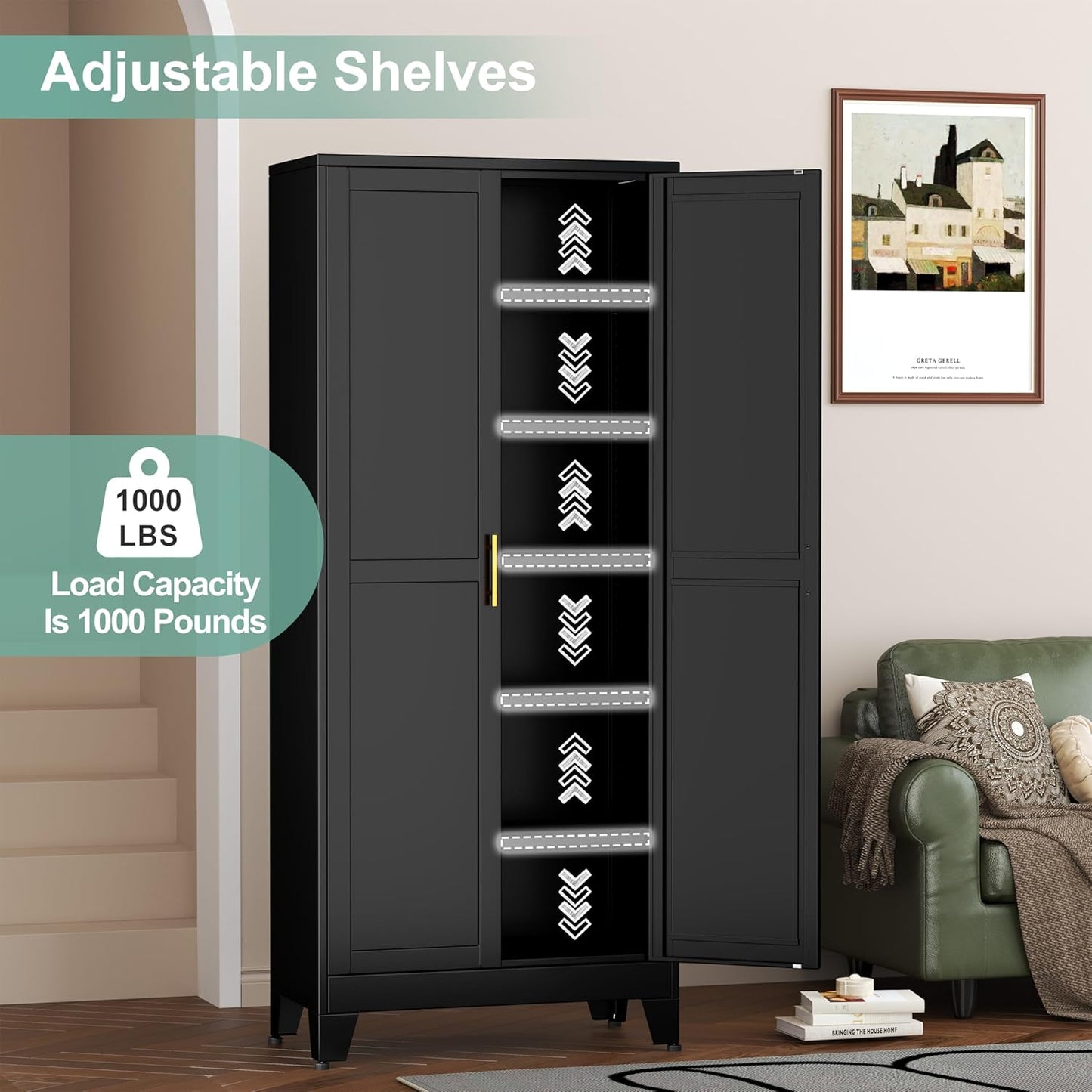 Metal Pantry Cabinet with 2 Doors and 5 Adjustable Shelves, 75" Kitchen Storage cabinets with Gold