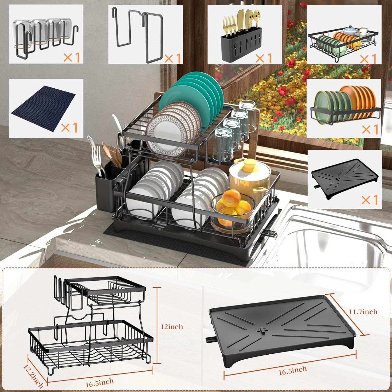 Godboat Dish Drying Rack, 2-Tier Dish Rack with Auto-Drain & Mat, Dish Racks for Kitchen Counter