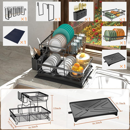 Godboat Dish Drying Rack, 2-Tier Dish Rack with Auto-Drain & Mat, Dish Racks for Kitchen Counter