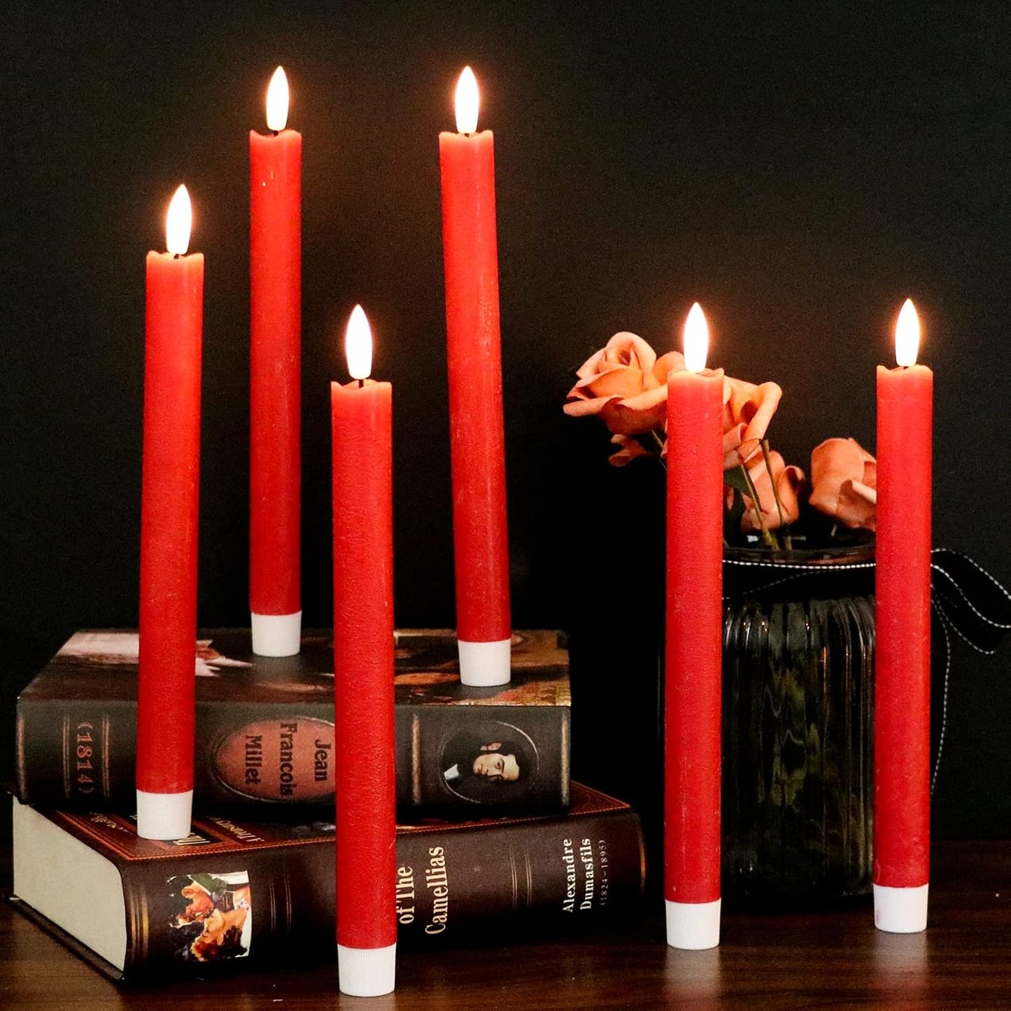 GenSwin Flameless Red Taper Candles Flickering with 10-Key Remote, Battery Operated Led Warm 3D