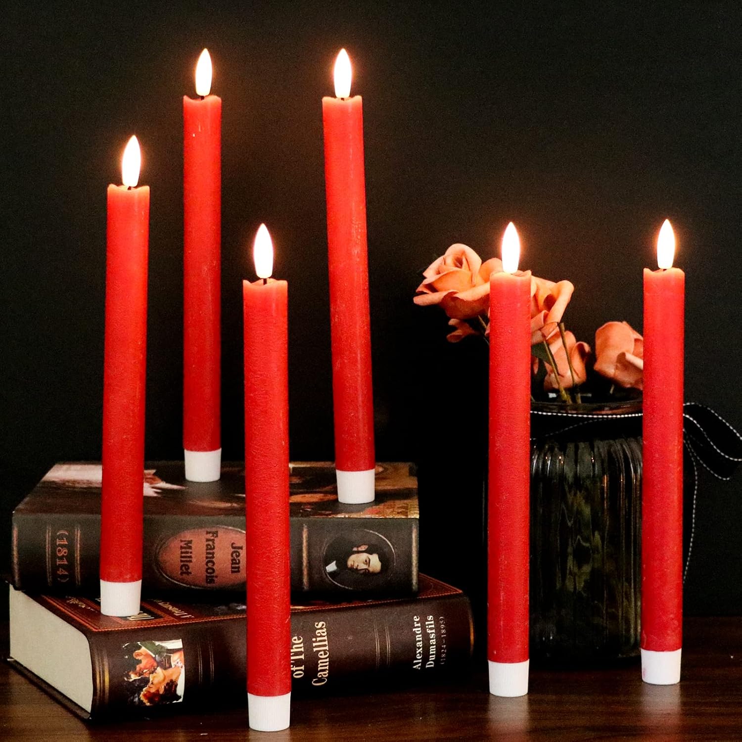 GenSwin Flameless Red Taper Candles Flickering with 10-Key Remote, Battery Operated Led Warm 3D