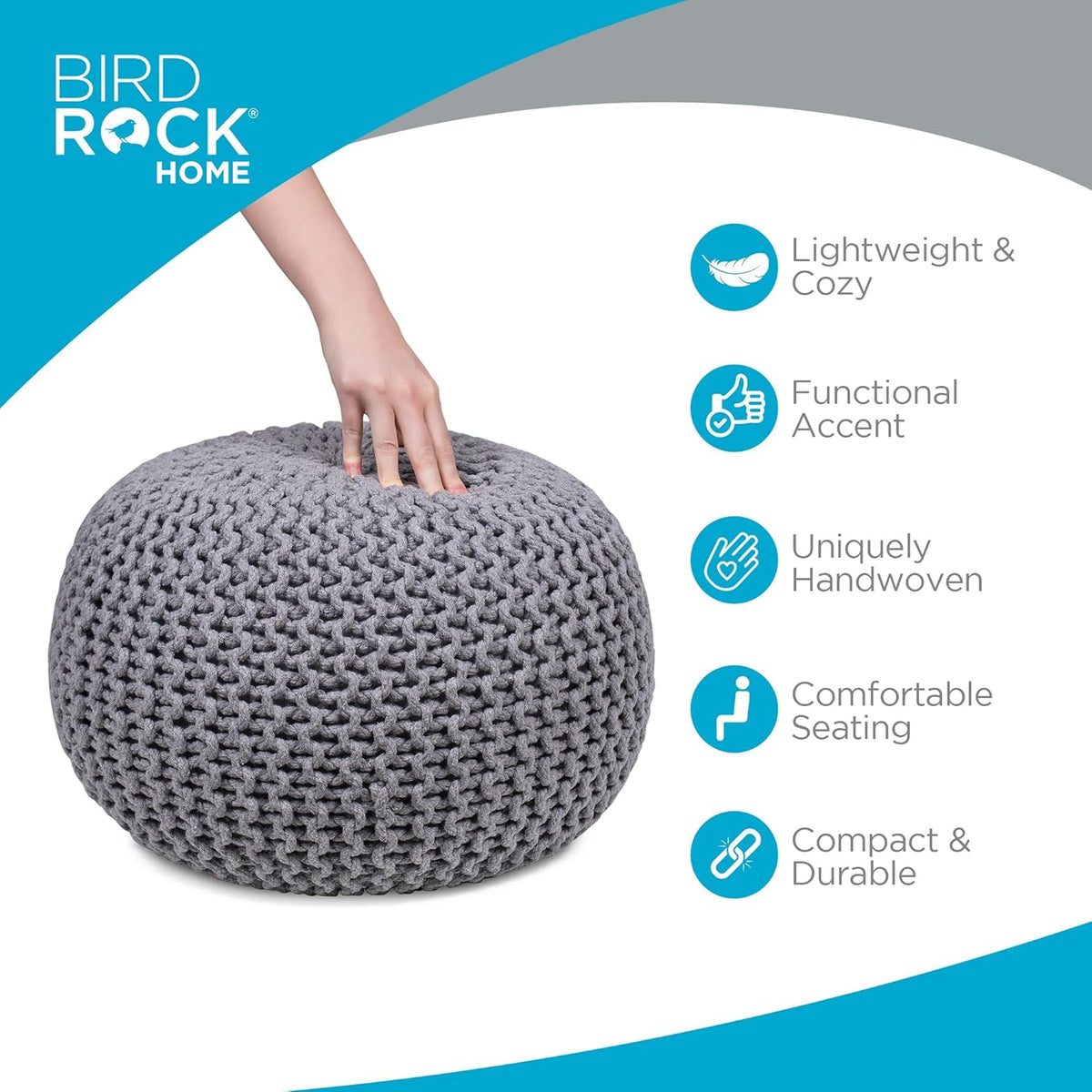 BIRDROCK HOME Round Pouf Ottoman | Cotton Braided Foot Stool with Bean Bag Filling | Boho Foot Rest