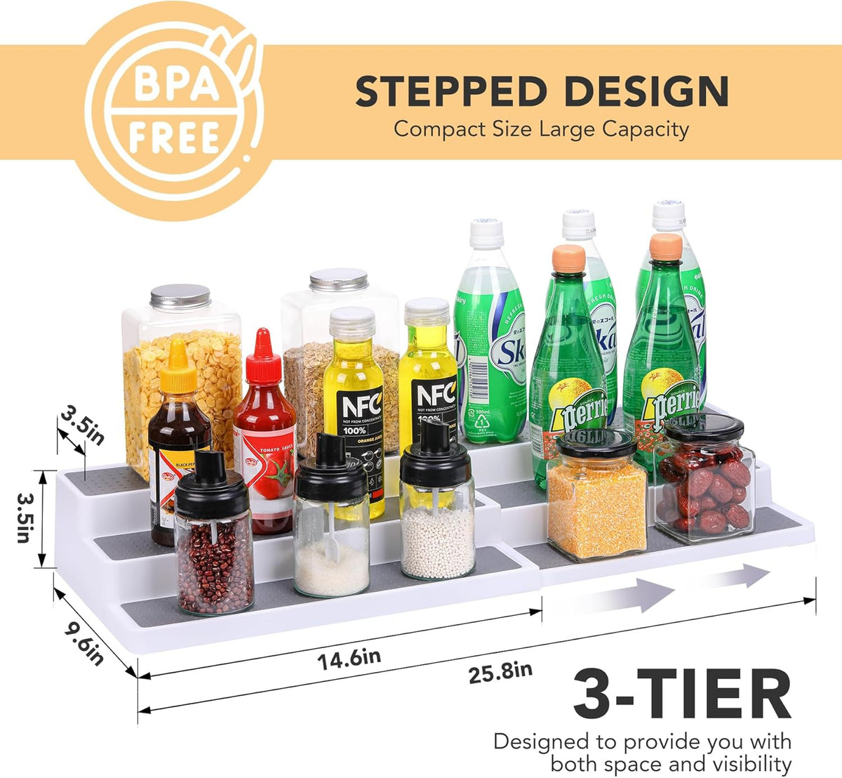 3 Tier Expandable Spice Rack Organizer, White/Grey Plastic Spice Rack, Adjustable Length