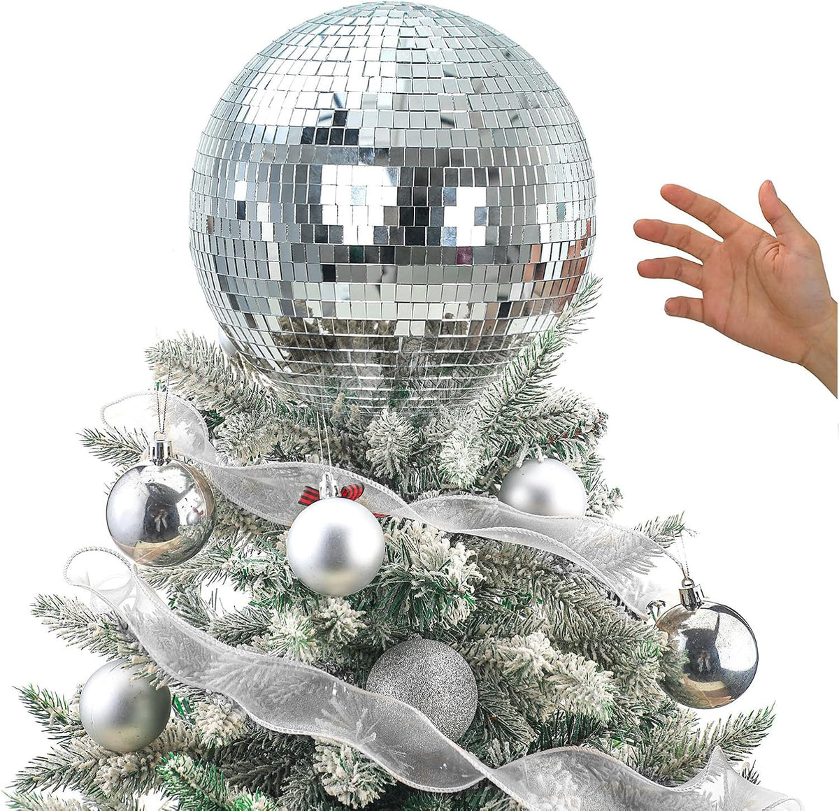 Retisee 6'' Disco Ball Christmas Tree Topper Silver Mirror Xmas Tree Topper 3D Hollow Silver Disco