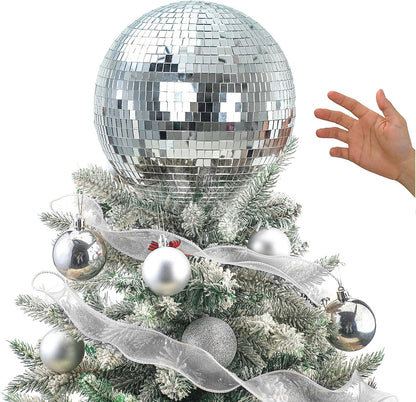 Retisee 6'' Disco Ball Christmas Tree Topper Silver Mirror Xmas Tree Topper 3D Hollow Silver Disco