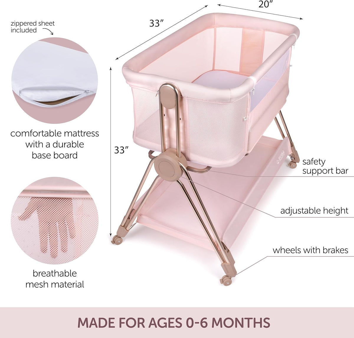 Baby Bedside Sleeper - Bassinet & Bedside Crib with Height Adjustment & Wheels - Can Be Placed Next