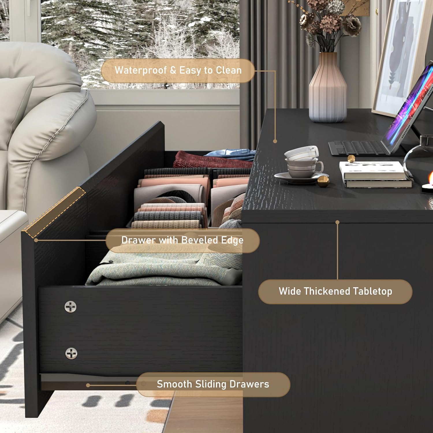 Black malm Dresser for Bedroom, 63 Inch Long 9 Drawers Dresser with Charging Station, Modern Large