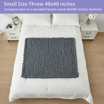 Bigacogo Chunky Knit Throw Blanket for Couch, 40x40 inches, 100% Hand Knitted with Thick Jumbo