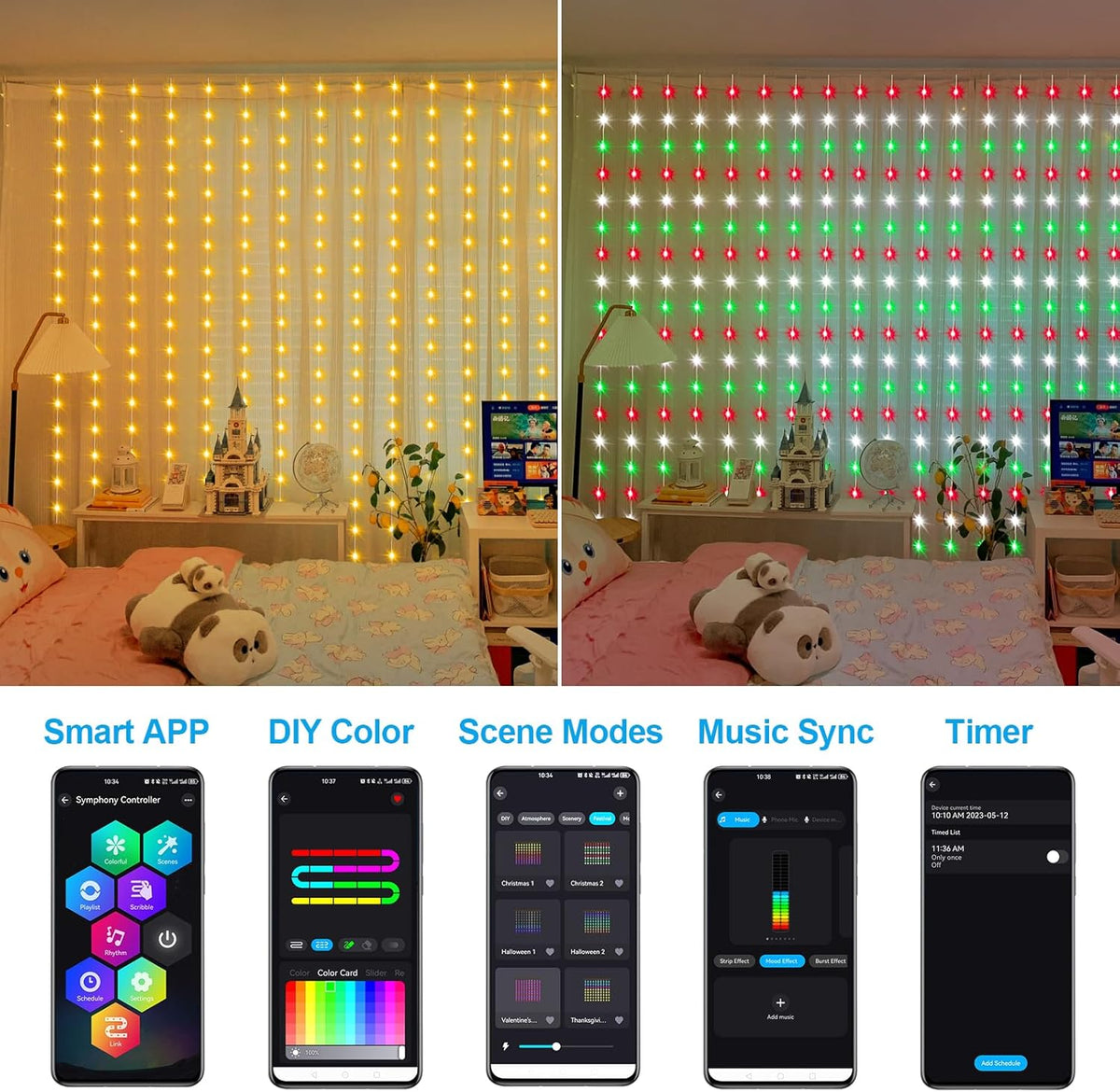 ZAIYW WiFi Smart RGB Color Changing Curtain Lights - 600 LED, Compatible with Alexa, App Control