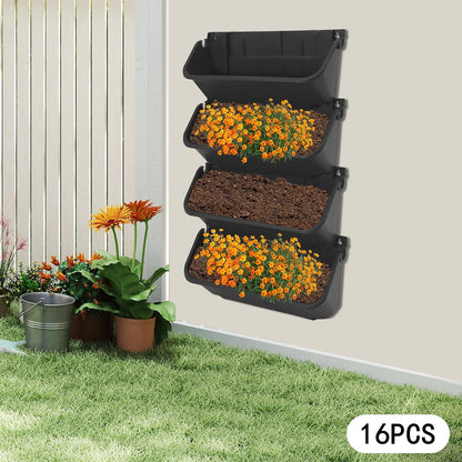 Vertical Wall Planter 16Pcs, 13 inch Wall Mounted Garden Planters, Plastic Wall Hanging Planter