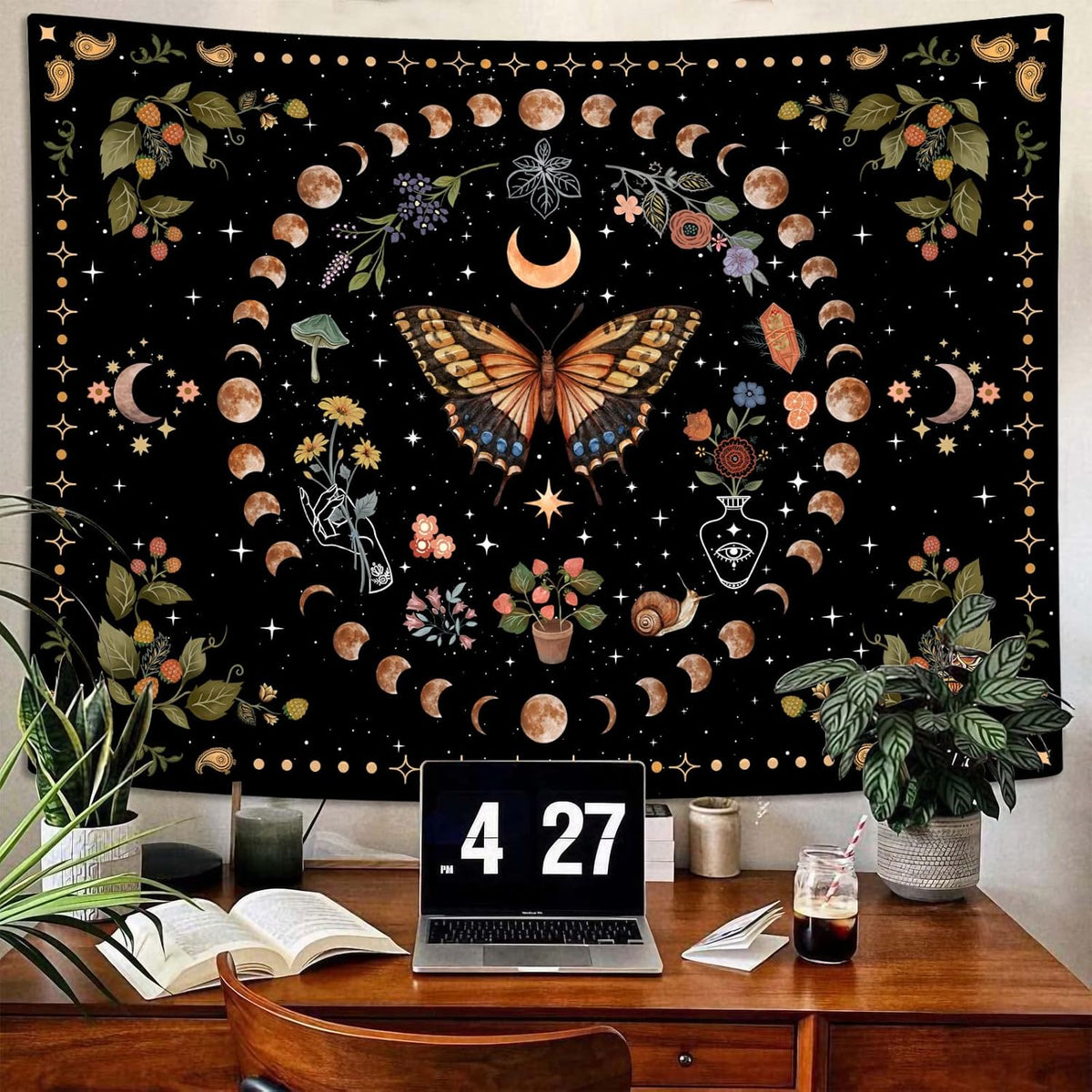 Aipon Yellow Butterfly Moon Flower Tapestry Botanical Floral Plant Boho Tapestry for Bedroom