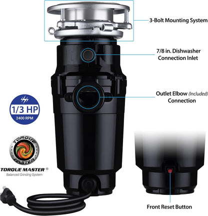 Waste Maid 10-US-WM-048-3B Garbage Disposal Anti-Jam Stainless Steel Food Waste Grinding System