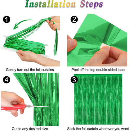 8 Pack Green Streamer, 3.28 FT x 7.05 FT Dinosaur Backdrop, Metallic Tinsel Backdrop FOI Fringe
