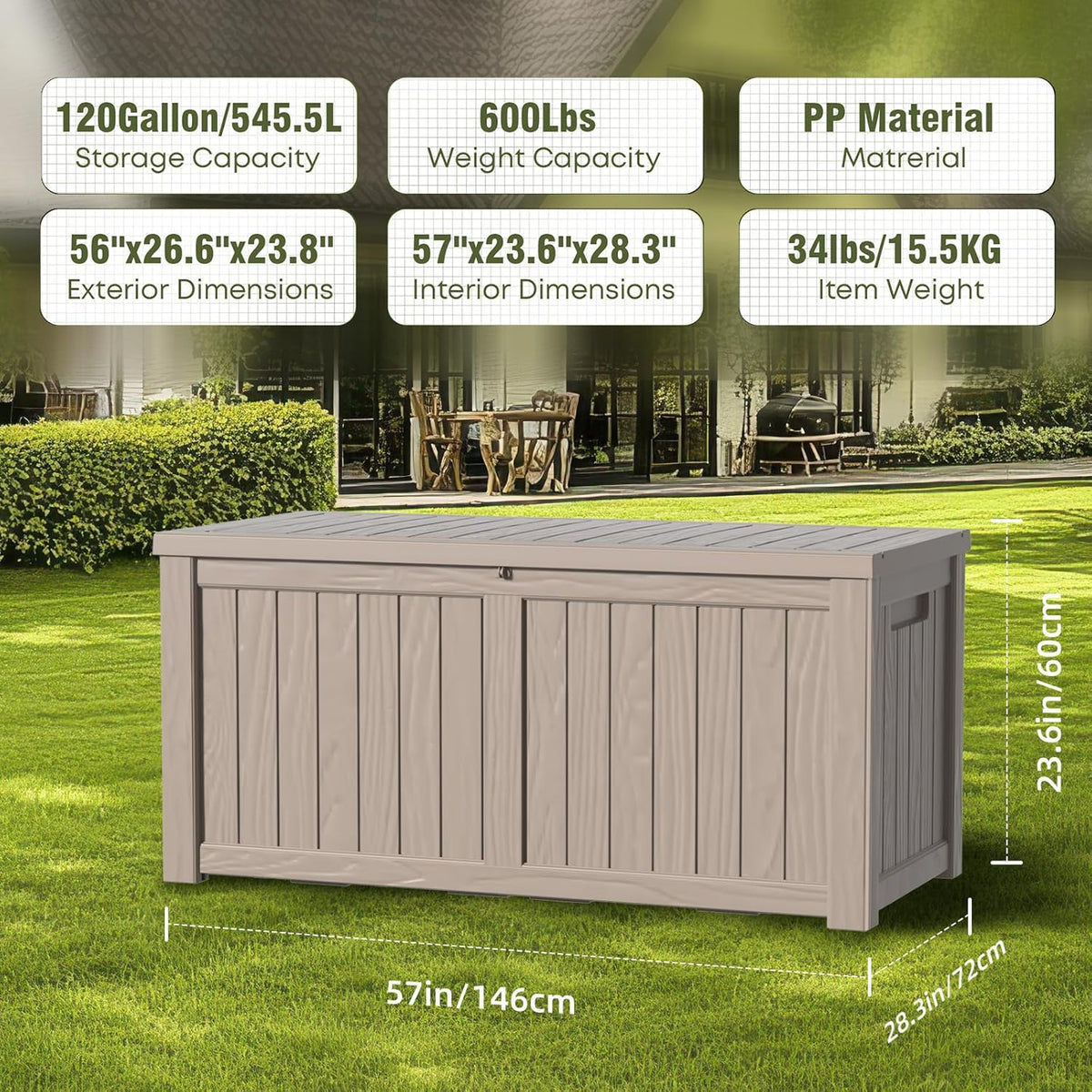 DRATO 120 Gallon Large Deck Box, Outdoor Storage Box for Patio Furniture, Patio Cushions, Gardening