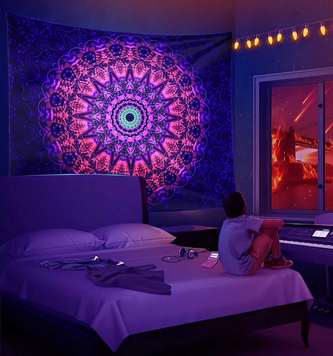 ADDWel Blacklight Mandala Boho Tapestry Glow In The Dark, Black Light Bohemian Hippie Poster Wall
