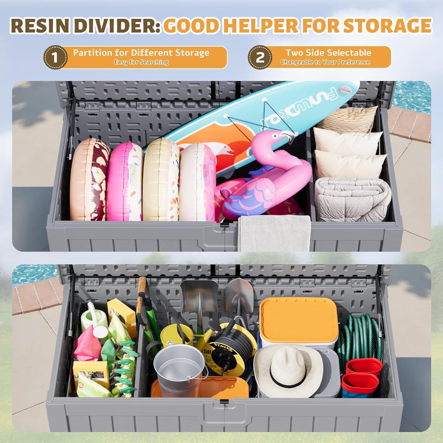 Flamaker Resin Deck Box 250 Gallon, Waterproof Imitation-Wood Lockable Storage Box with Separator
