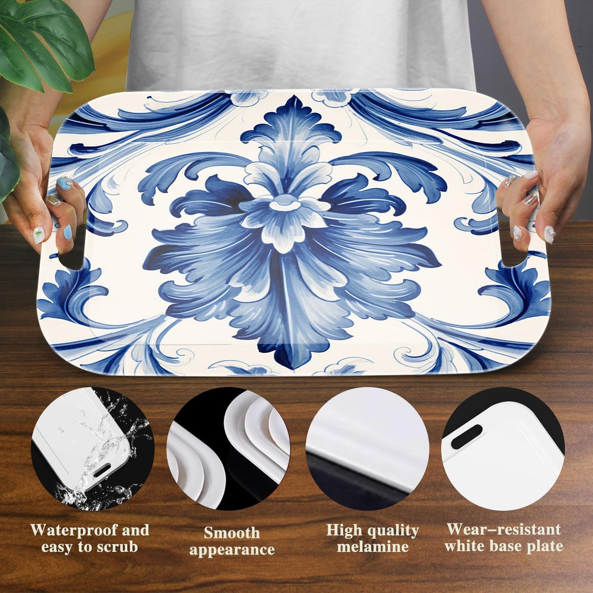 Serving Trays with Handles, 14.5 x 9.8 inch Rectangular Plastic Tray for Restaurant, Kitchen, Blue