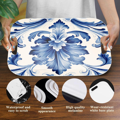 Serving Trays with Handles, 14.5 x 9.8 inch Rectangular Plastic Tray for Restaurant, Kitchen, Blue