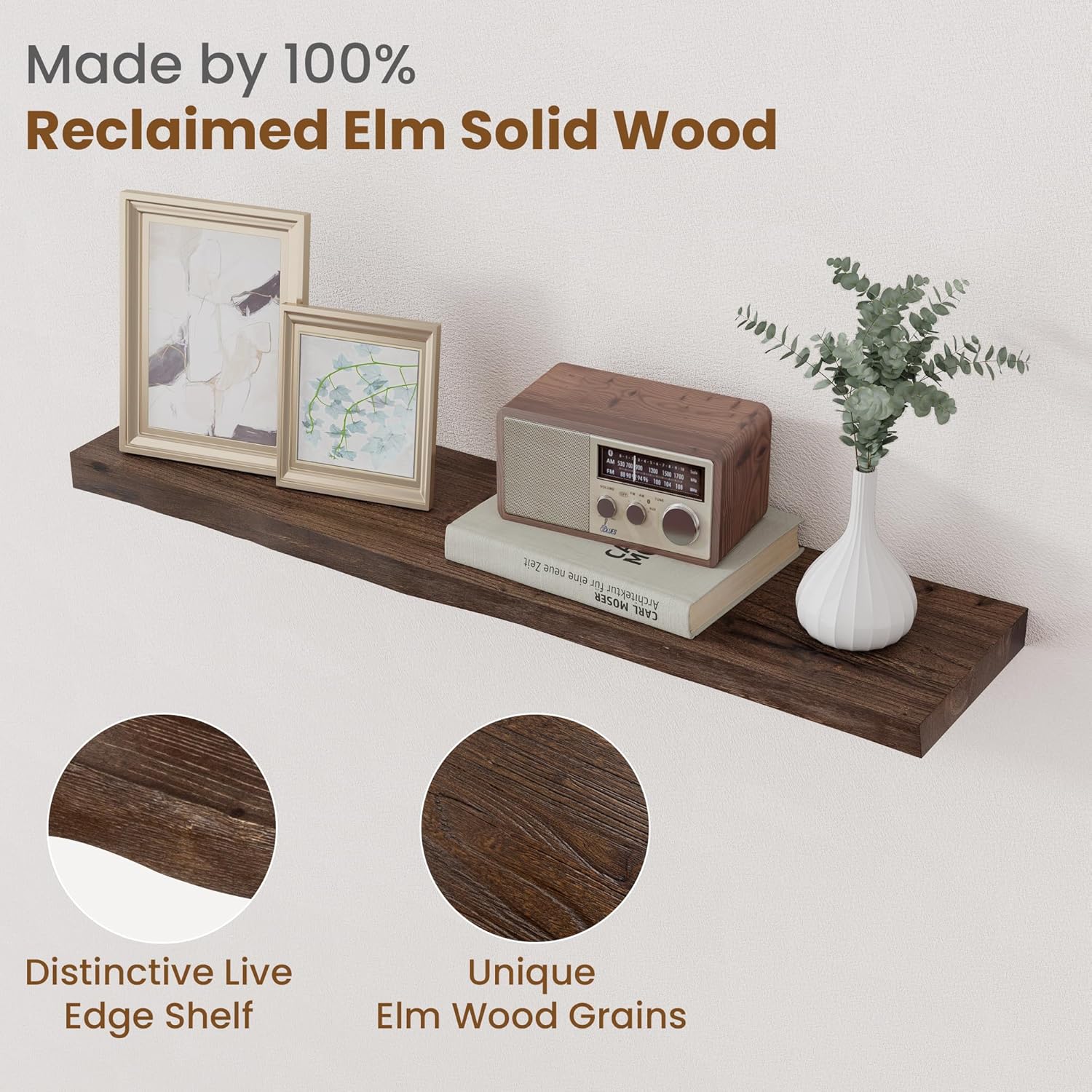 Floating Shelves for Wall Decor, Rustic Solid Elm Wood Live Edge Floating Shelves Wall Mounted