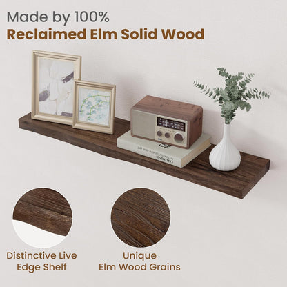 Floating Shelves for Wall Decor, Rustic Solid Elm Wood Live Edge Floating Shelves Wall Mounted
