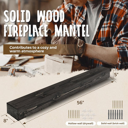 56x8x5 Fireplace Mantel - Handcrafted Hollow Rustic Solid Wood Wall Mounted Floating Shelf with