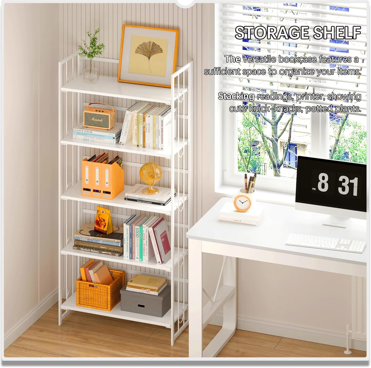 4NM No Assembly 5 Tiers Folding Bookshelf, 59.4" H Foldable Storage Shelves Vintage Bookcase
